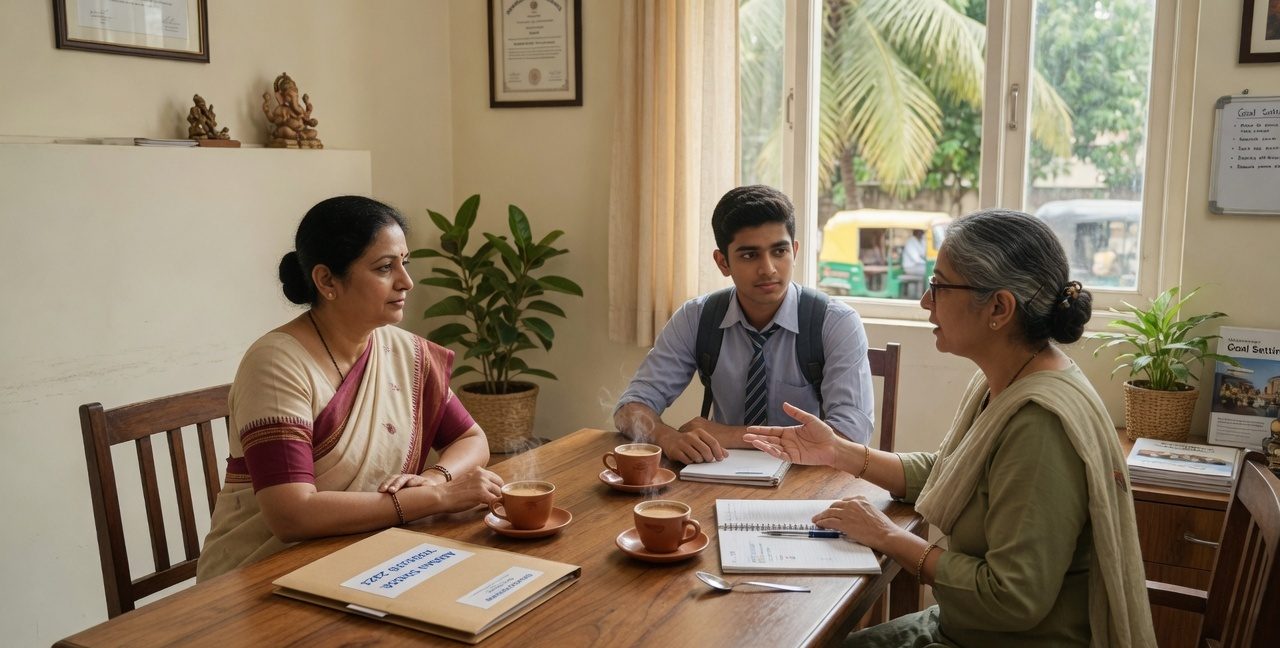 A counsellor speaking with a student and a parent