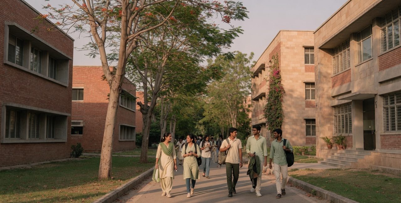Students walking along a tree-lined campus path
