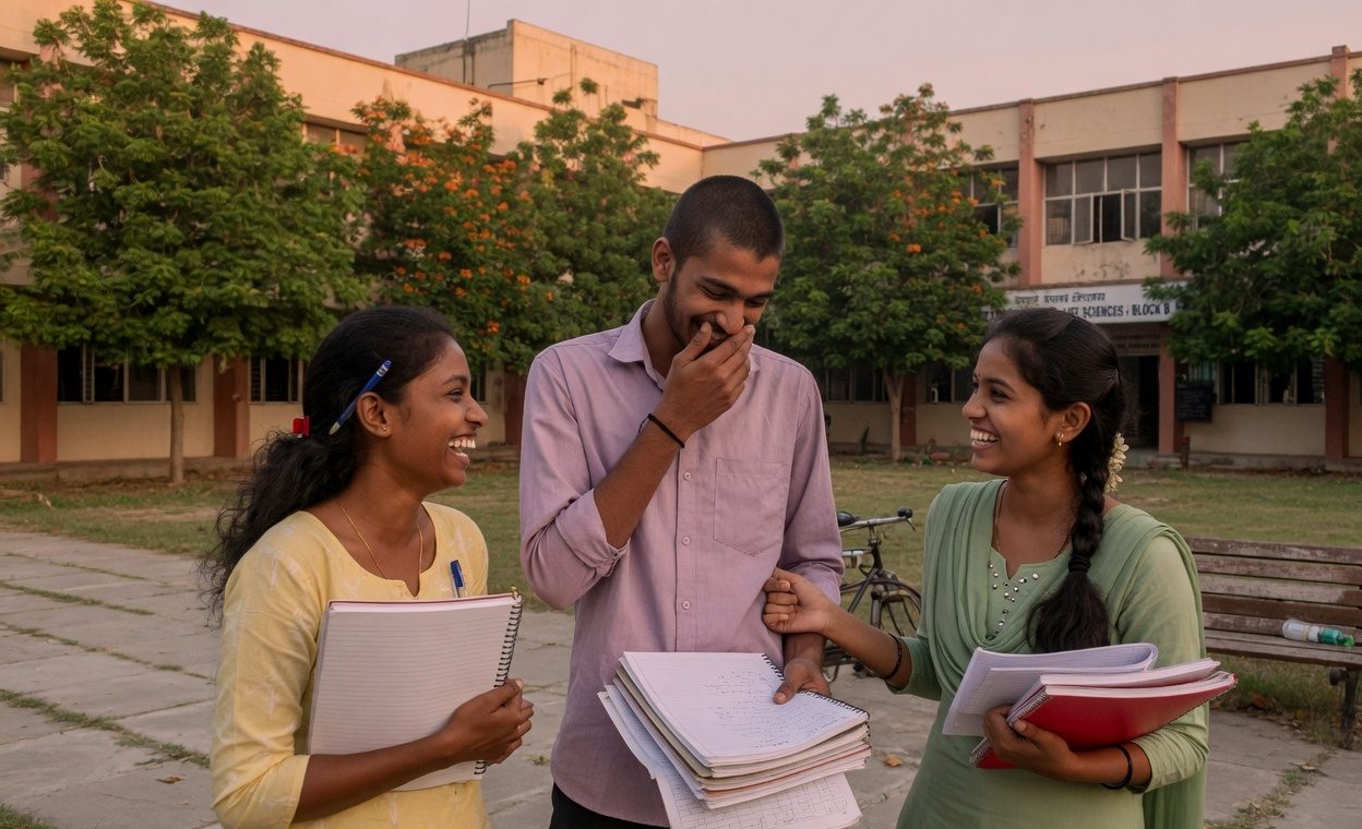 Students sharing a light moment between classes on campus