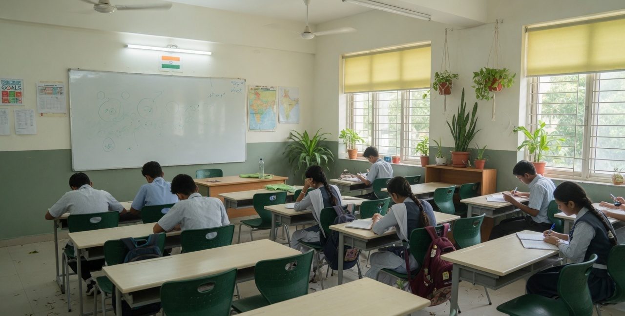 Students working quietly at their desks in a bright classroom