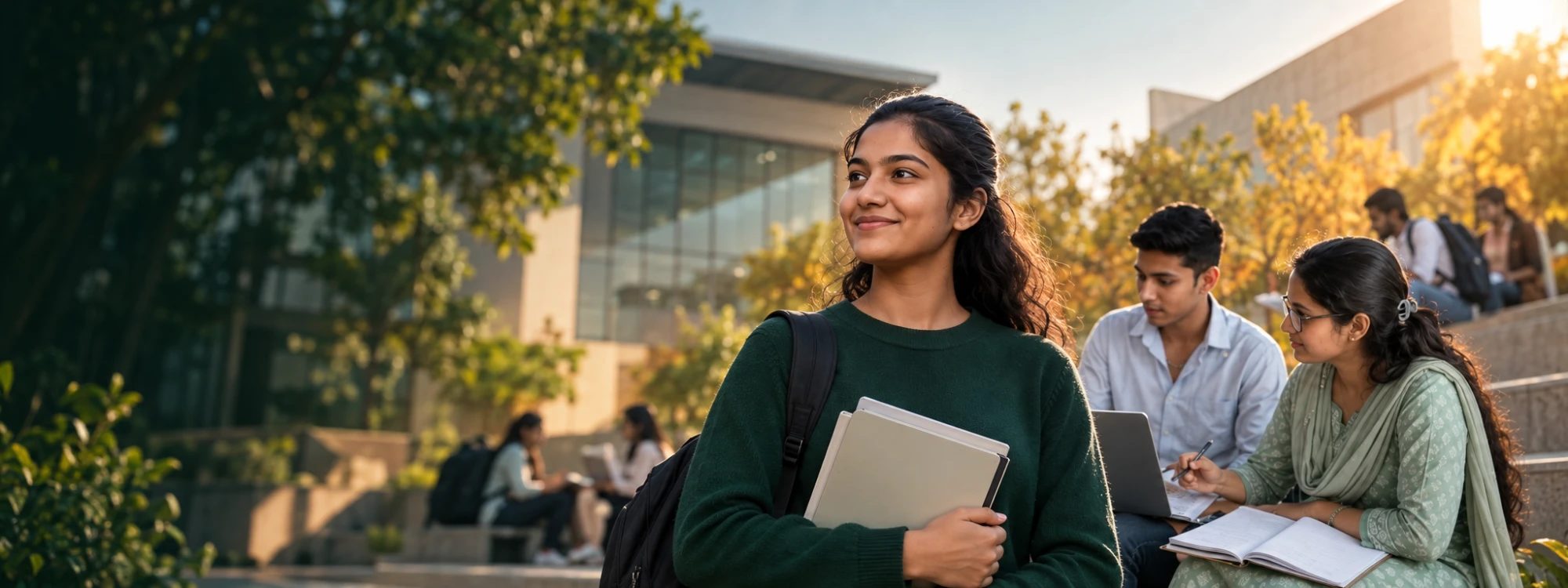 A smiling student holding notebooks on campus steps, with classmates studying behind her