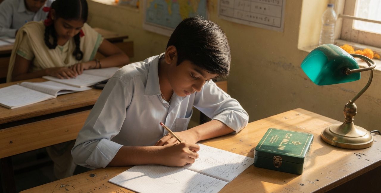 A student concentrating on problems under a desk lamp