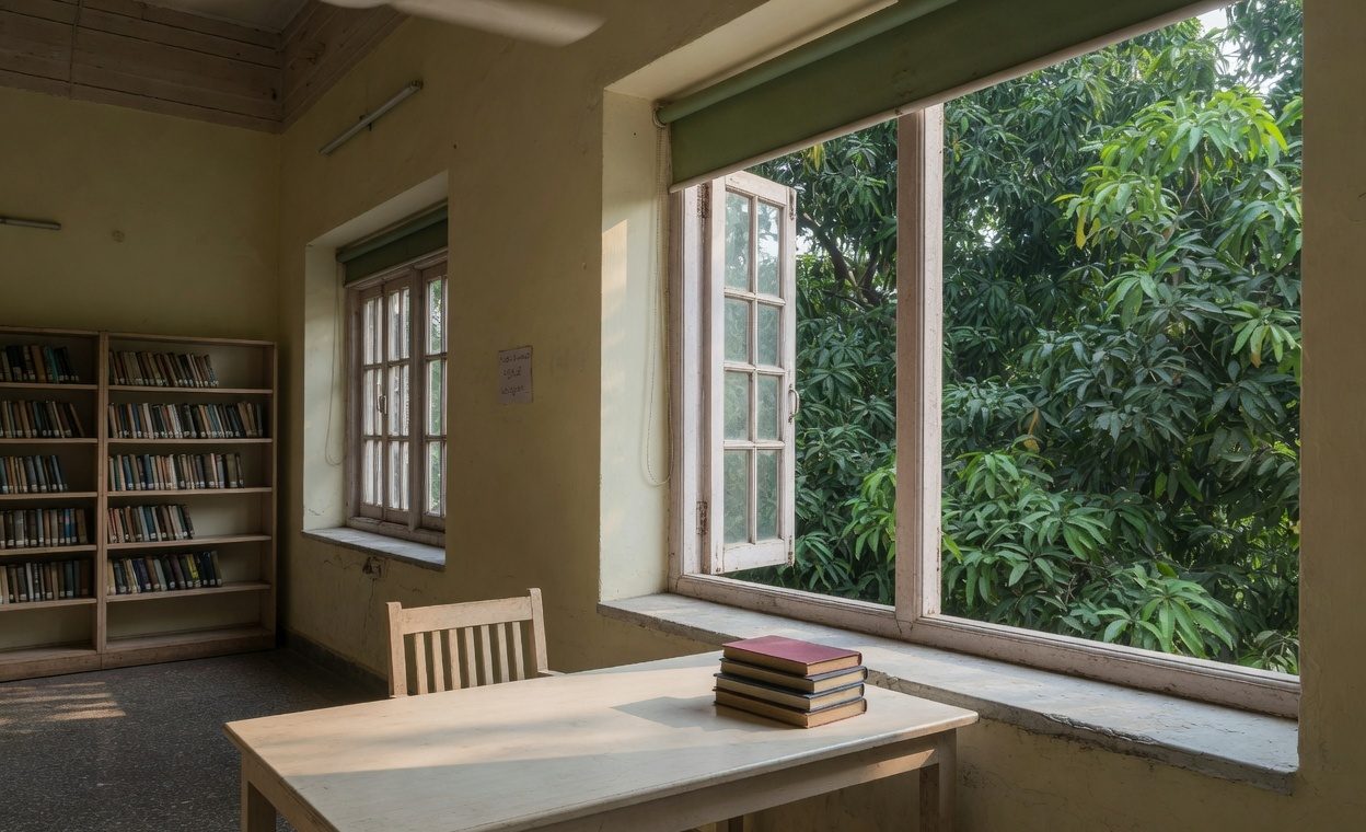 A quiet reading corner beside a tall window