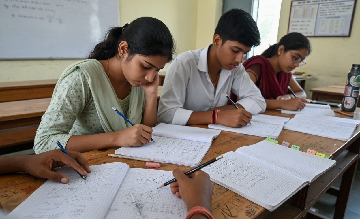 Students solving problems together at a long desk